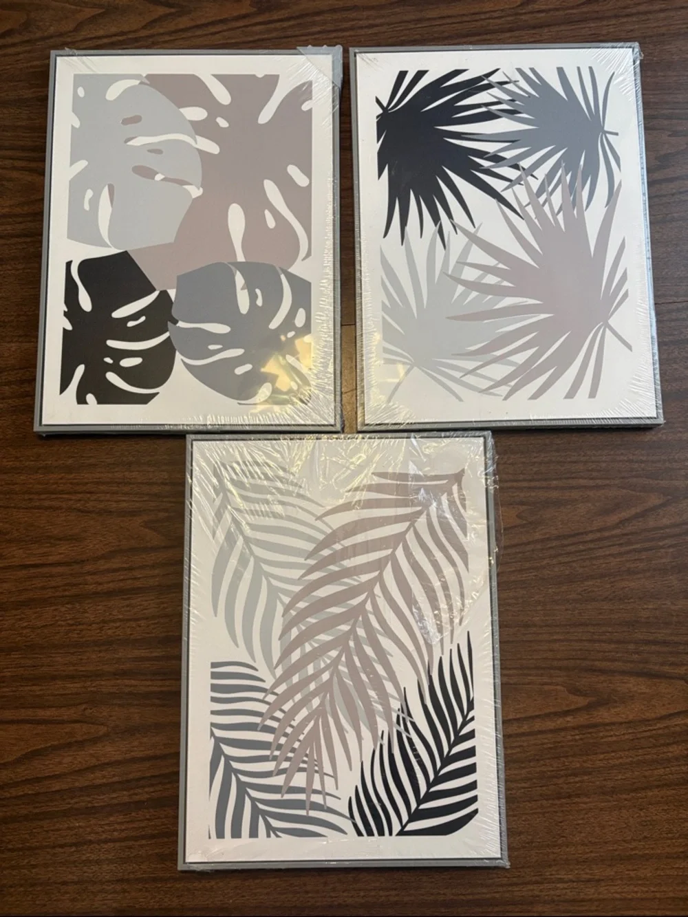 NEW 3 Framed Neutral Leaf Wall Art Set Modern Botanical Prints